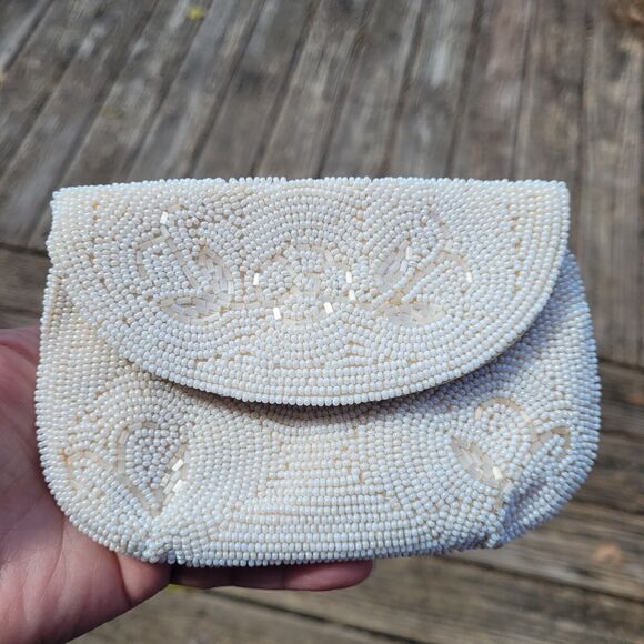 Vintage Ivory Seed Bead Envelope Crown Clutch 6x4 Japan Snap Flower Clear Clutch - Picture 1 of 16